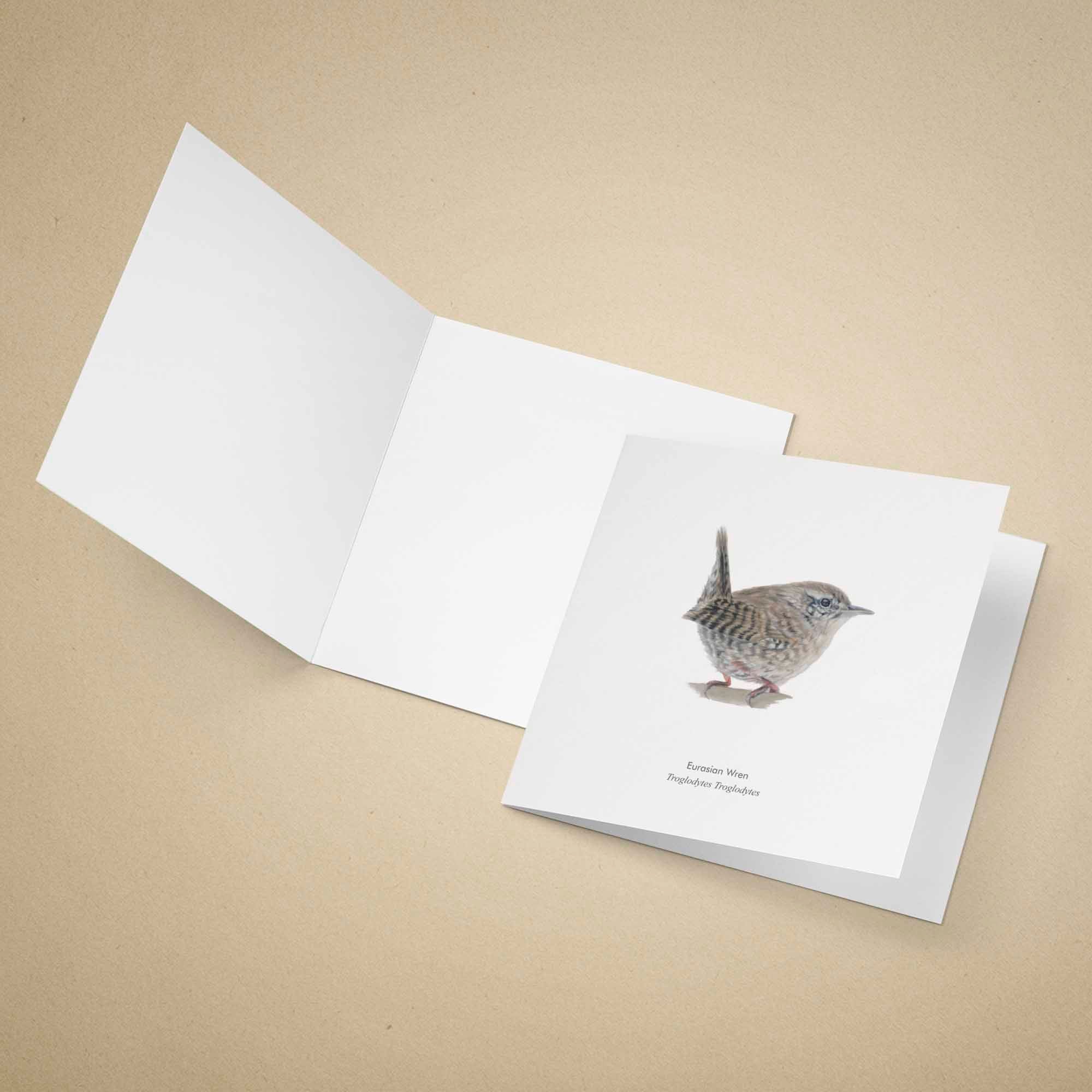 Greeting card with a Eurasian Wren illustration on a beige background