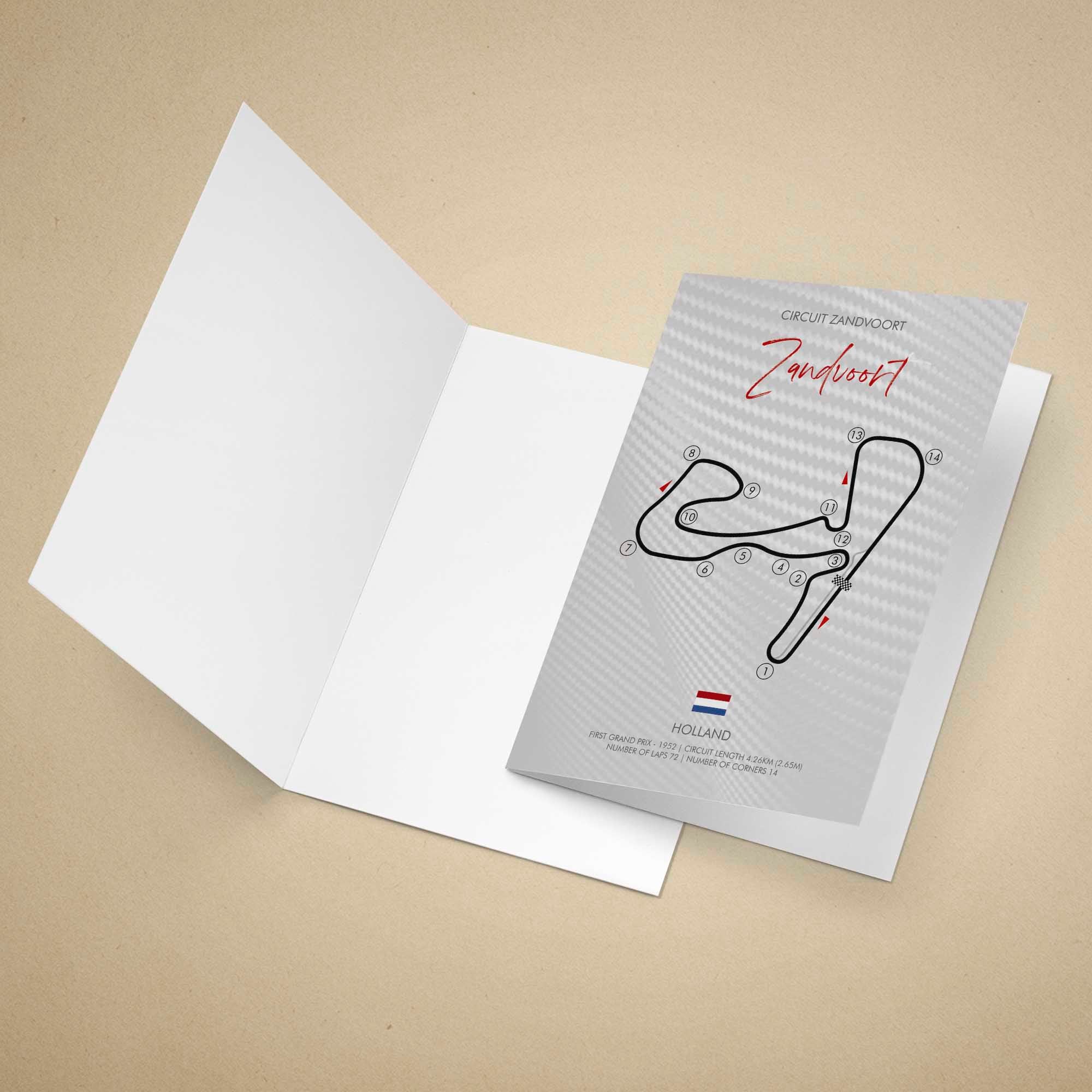 Greeting card with Zandvoort race track design on a beige background
