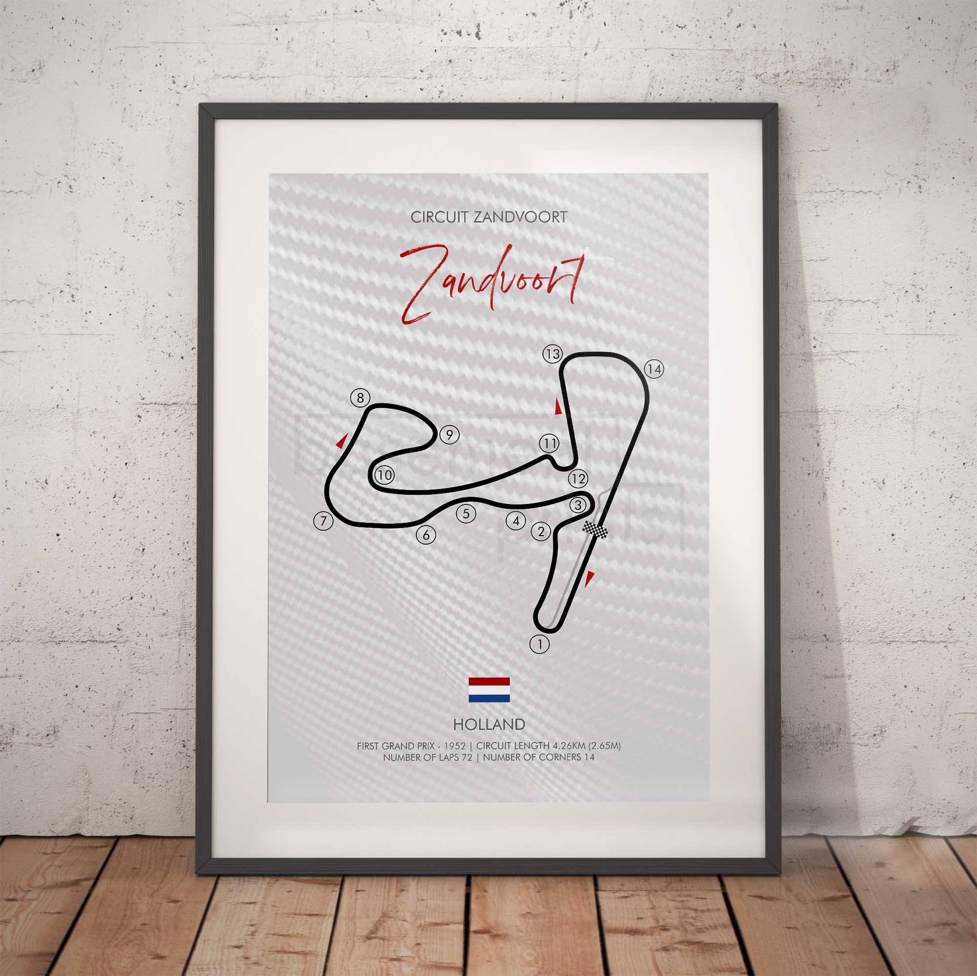 Framed poster of Circuit Zandvoort layout on a white brick wall background