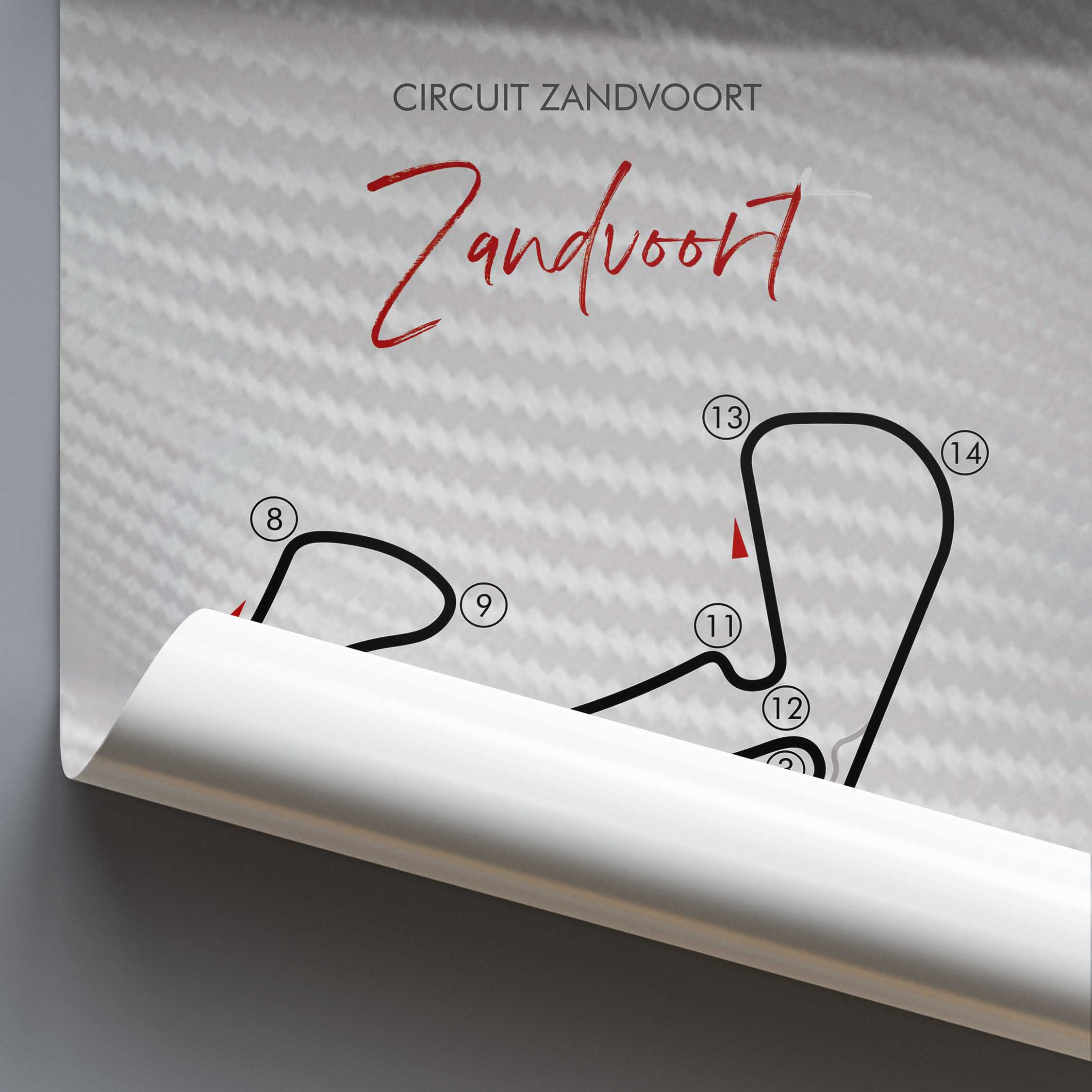 Track layout diagram for Circuit Zandvoort with carbon fiber pattern background