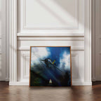 A framed art print depicting a fighter jet flying through dramatic blue and white clouds, leaning against a white paneled wall on a wooden floor.