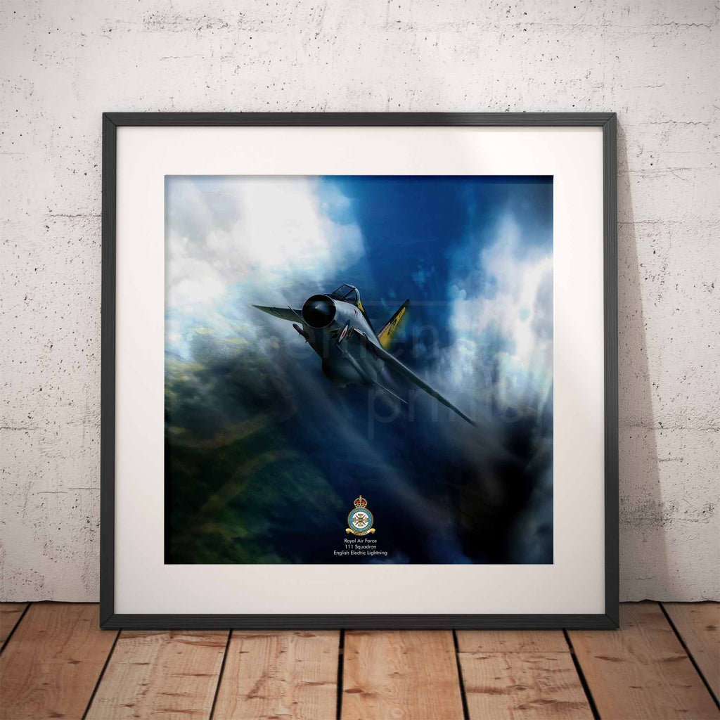 A framed art print featuring a fighter jet flying through dramatic blue and white clouds, leaning against a textured white wall on a wooden floor.