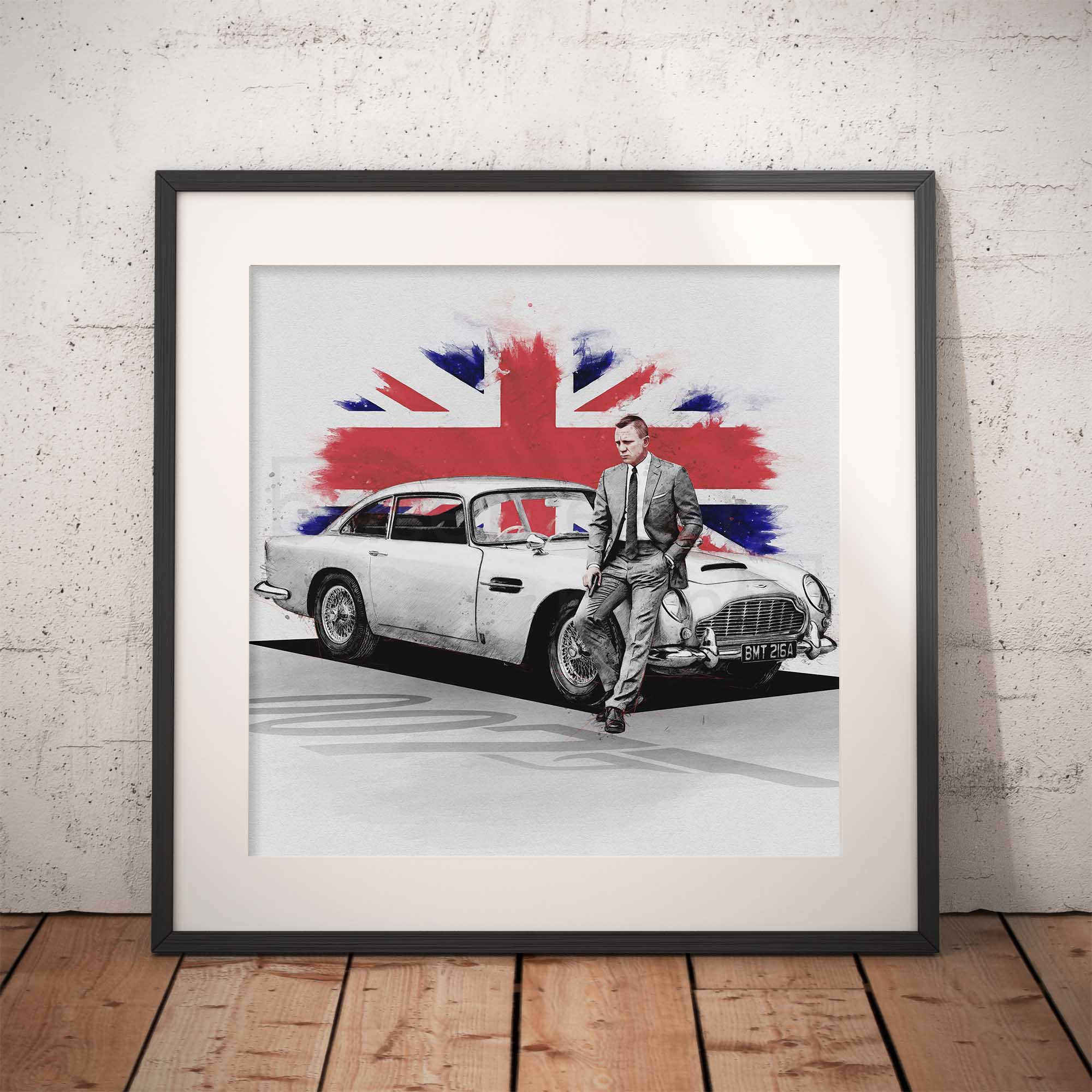 Artwork of James Bond leaning against his Aston Martin DB5 car with a Union Flag background