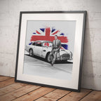 Artwork of James Bond leaning against his Aston Martin DB5 car on a wooden surface.