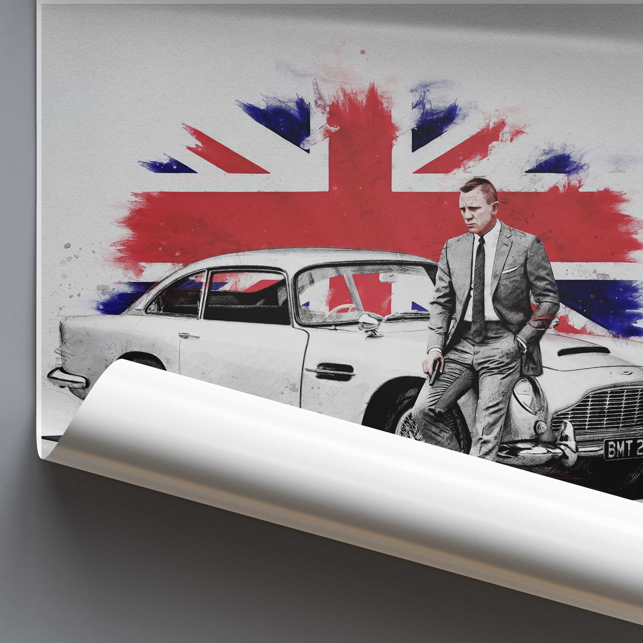 Poster of James Bond leaning against his Aston Martin DB5 car with a Union Flag background