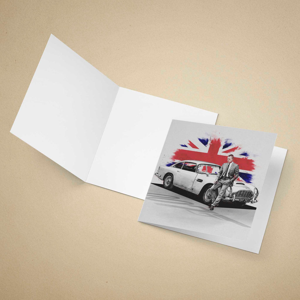 Greeting card with a Union Jack design featuring James Bond 007 on a beige background
