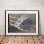 Artwork of an air show with the Red Arrows and smoke trails.