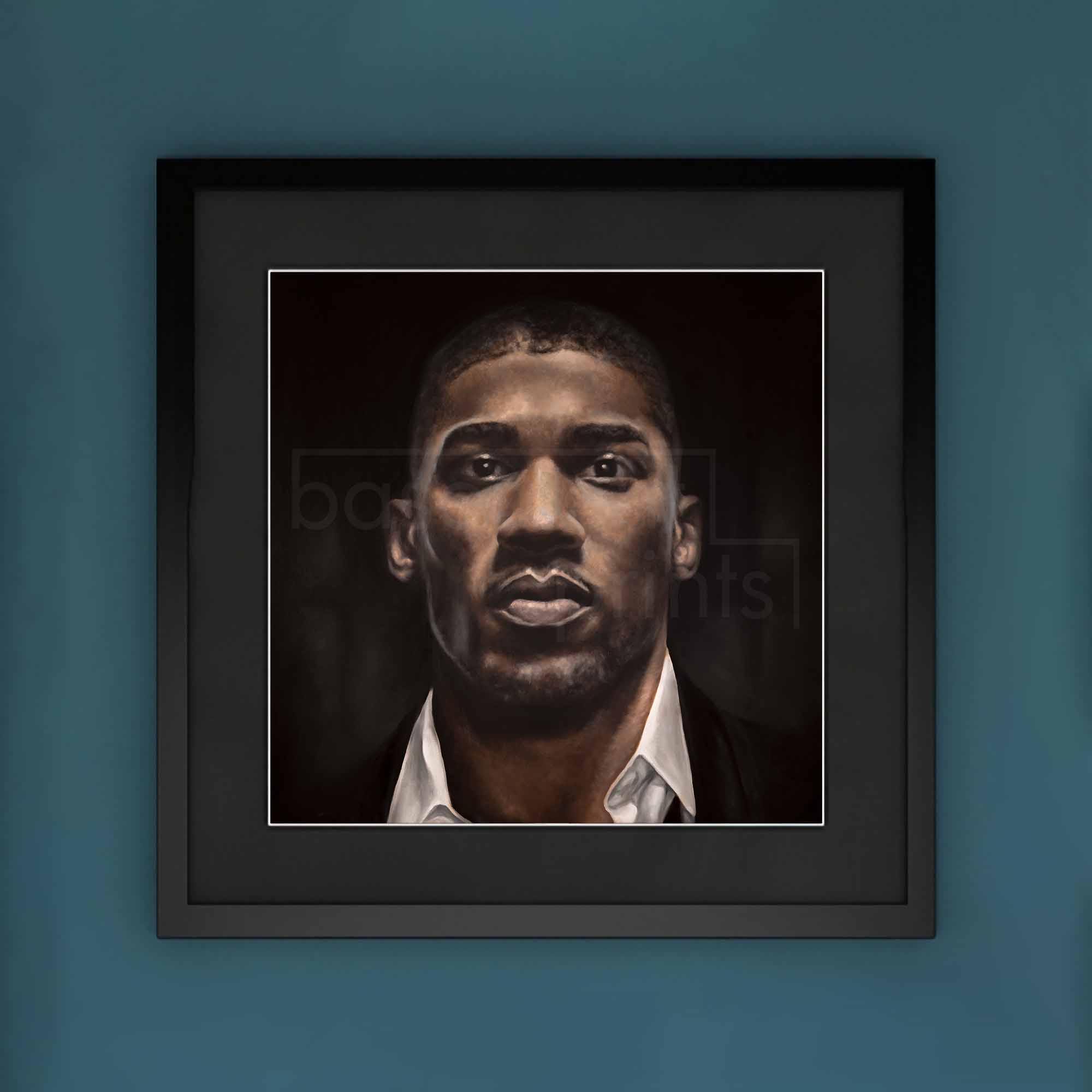 Framed oil painting of the boxer Anthony Joshua on a blue background.