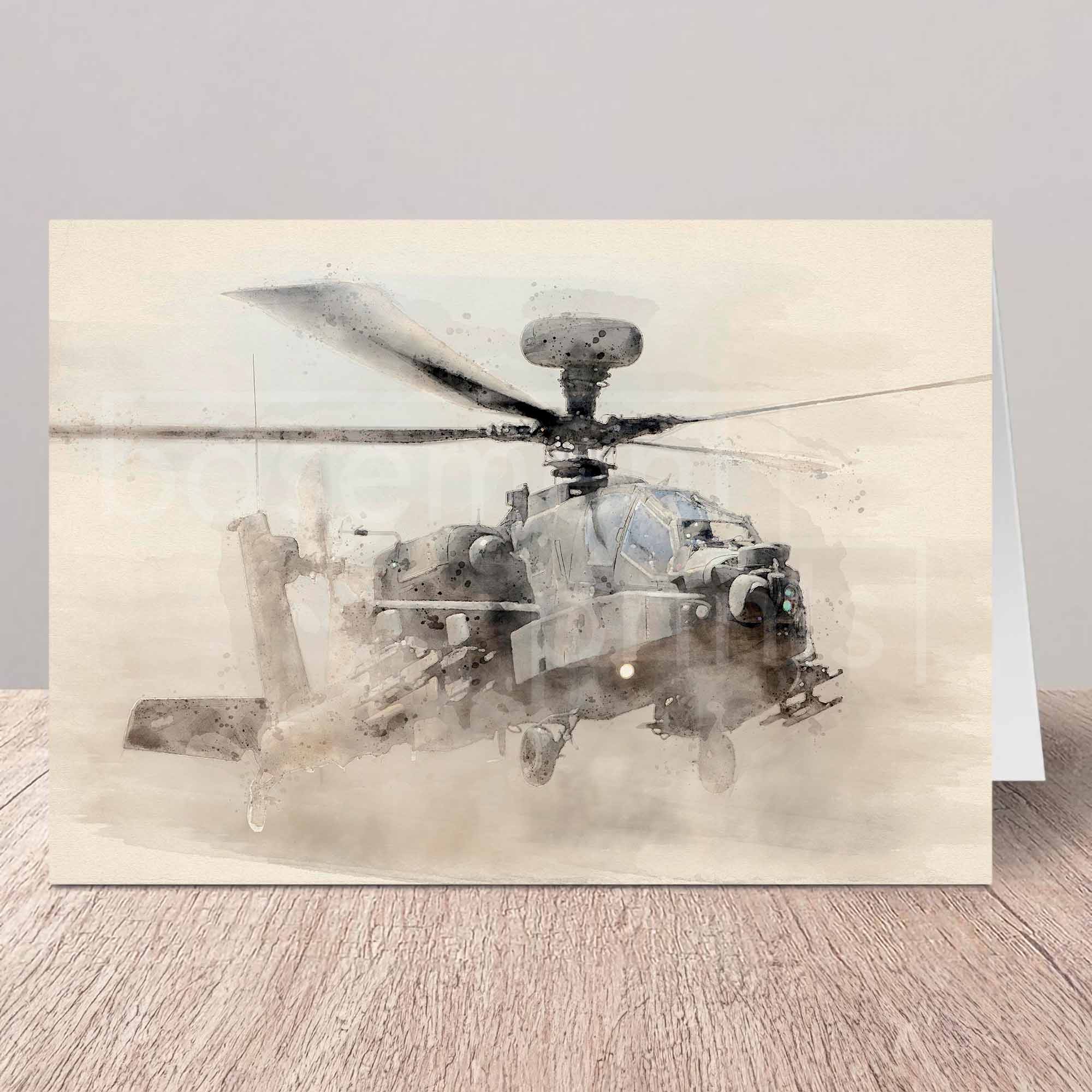 Greeting card with an Apache  helicopter design on a wooden surface