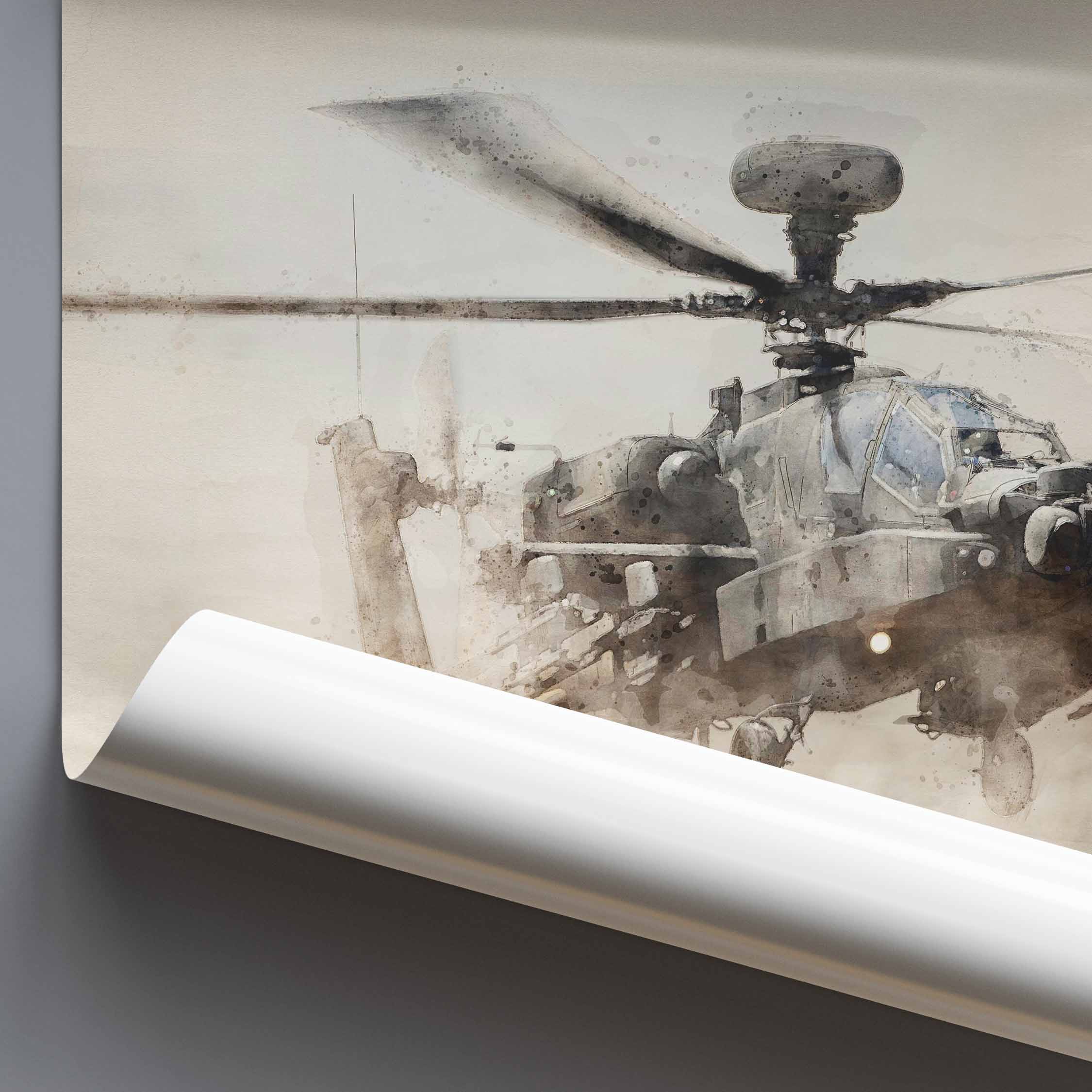 Artistic depiction of a military Apache helicopter on a textured surface
