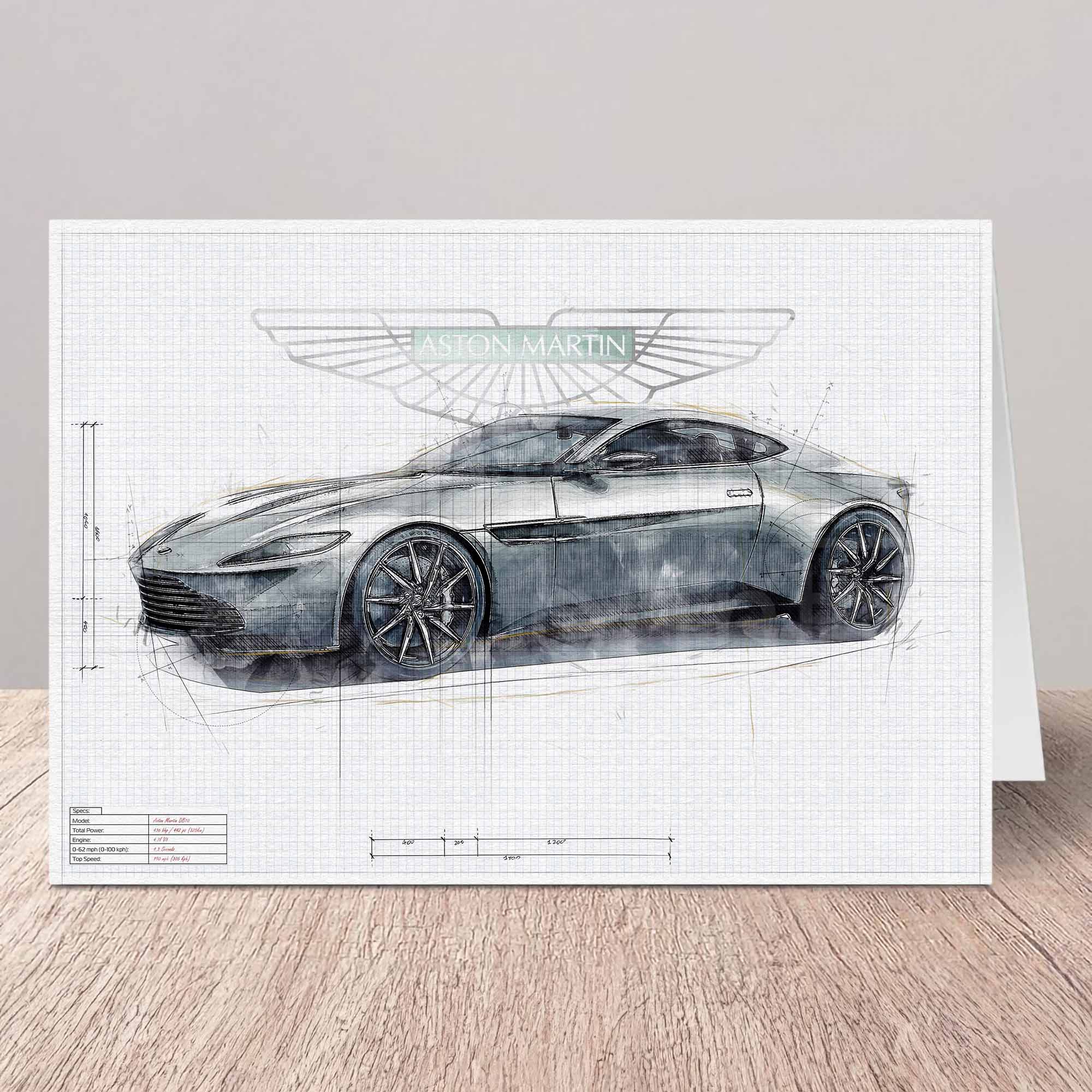 Aston Martin DB10 car greeting card on a white background with a wooden floor.