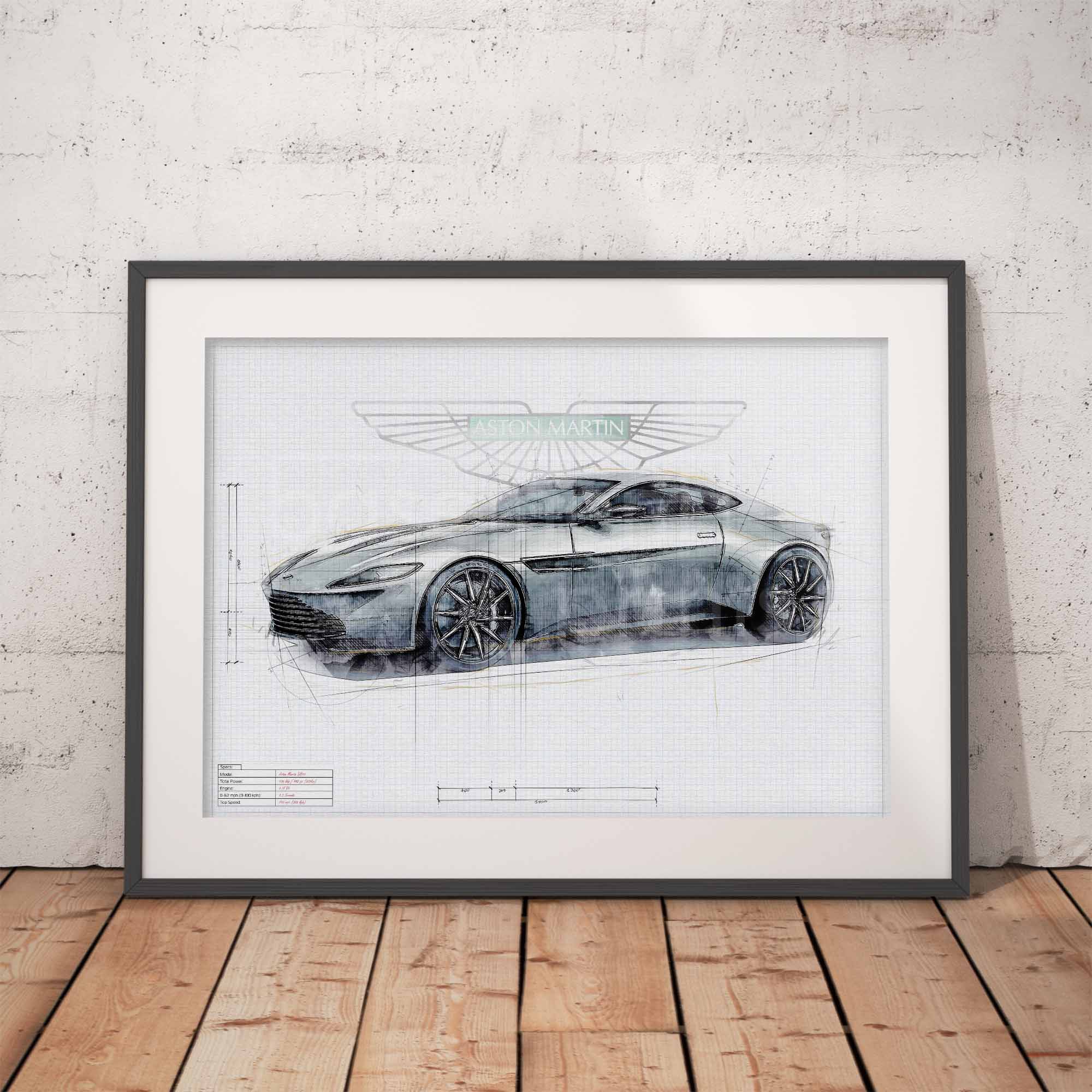 Framed blueprint-style drawing of James Bonds Aston Martin DB10 car on a wooden floor with a white brick wall background