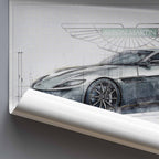 Rolled poster with a detailed sketch drawing of an Aston Martin DB10 car on a grid background.