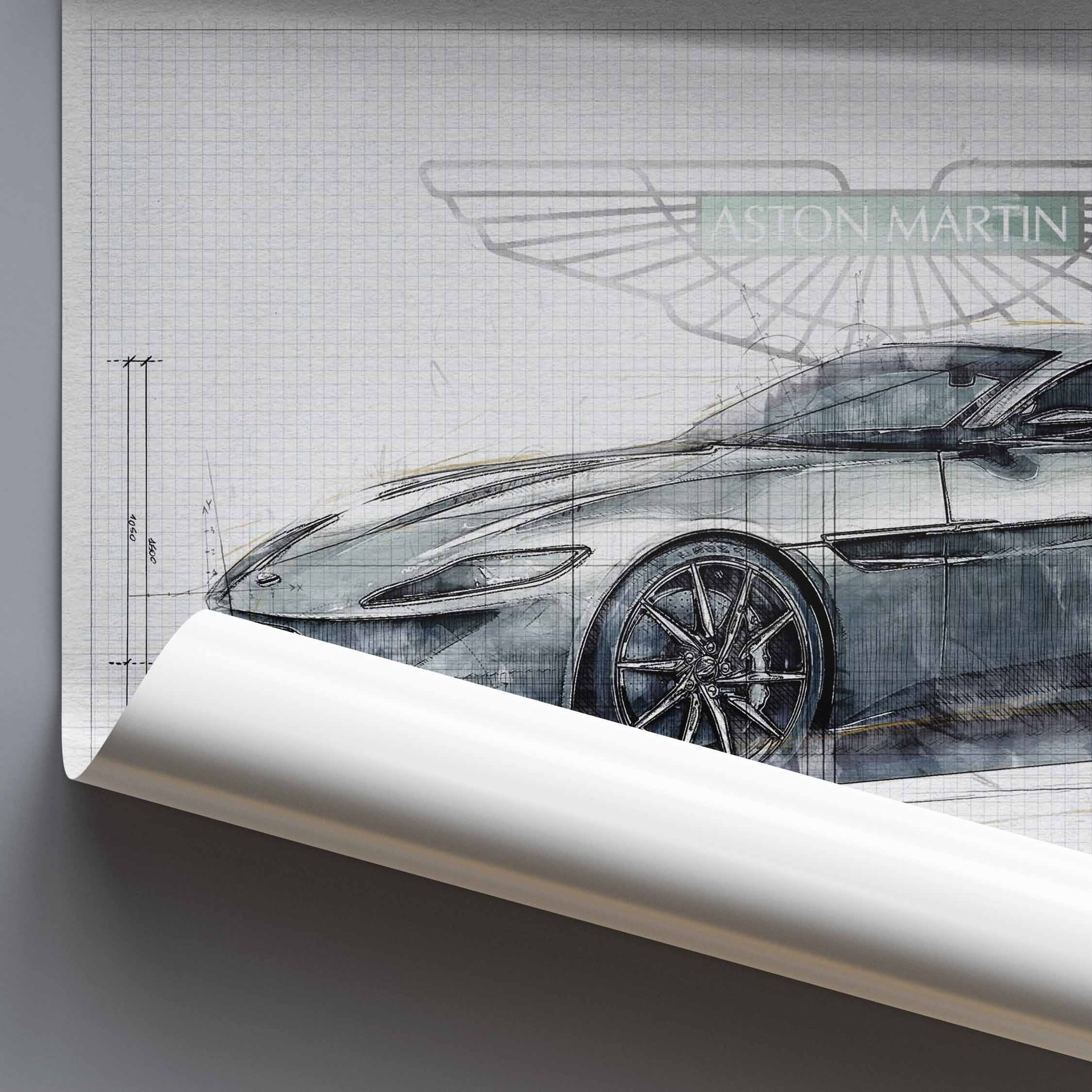 Rolled poster with a detailed sketch drawing of an Aston Martin DB10 car on a grid background.