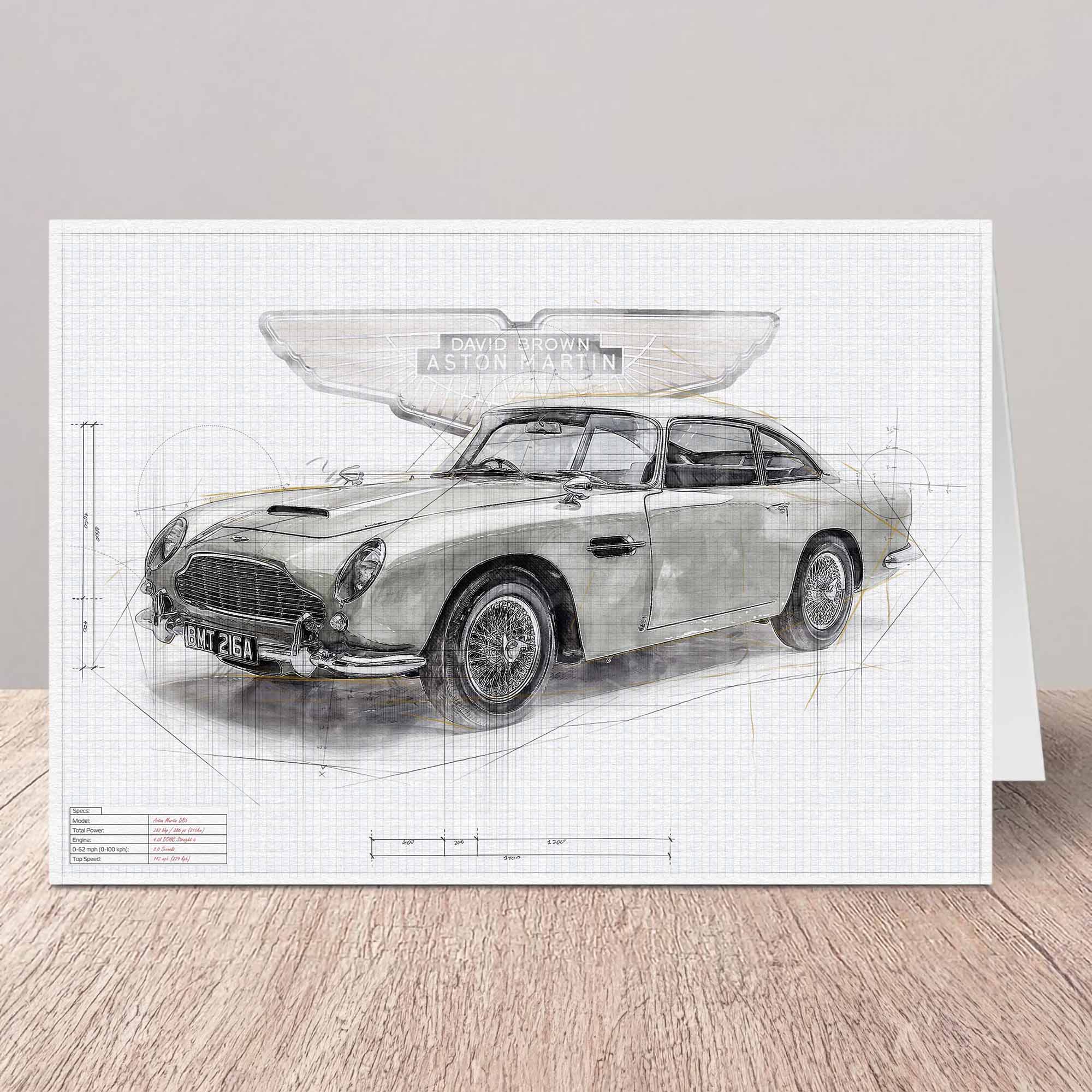 Aston Martin DB5 car greeting card on a white background with a wooden floor.