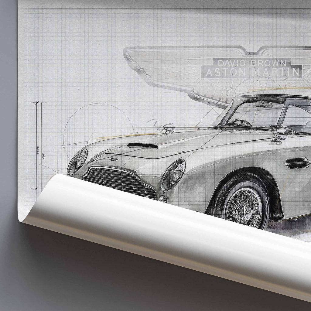 Rolled poster with a detailed sketch drawing of an Aston Martin DB5 car on a grid background.