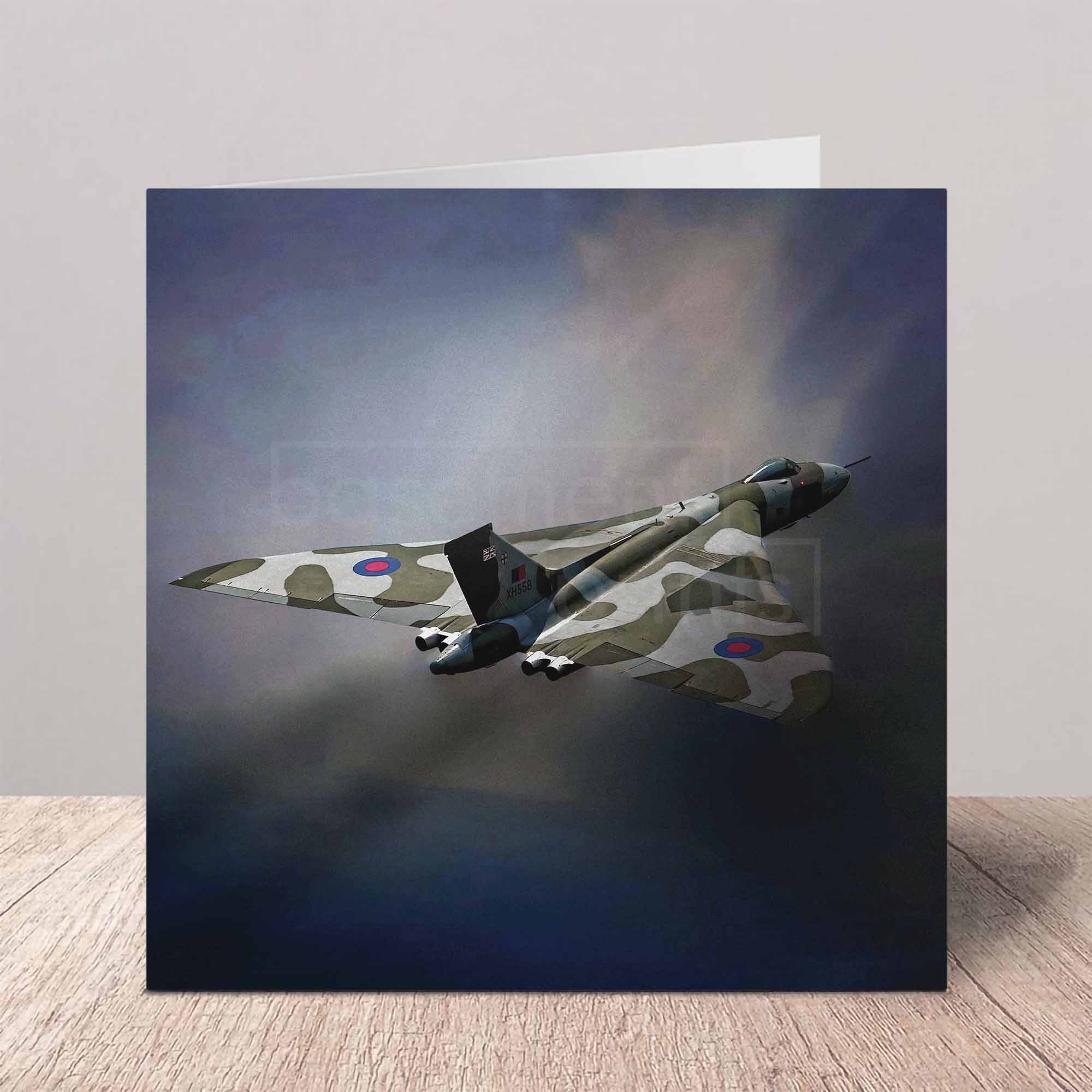 Camouflage Avro Vulcan Bomber airplane on a greeting card with on a white background.
