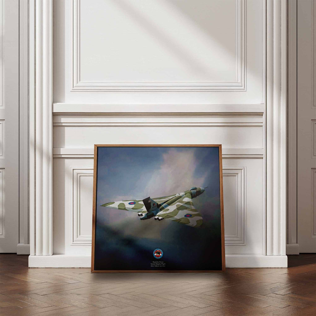 Framed artwork of an Avro Vulcan Bomber on a wall in a room with wooden flooring.