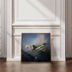 Framed artwork of an Avro Vulcan Bomber on a wall in a room with wooden flooring.