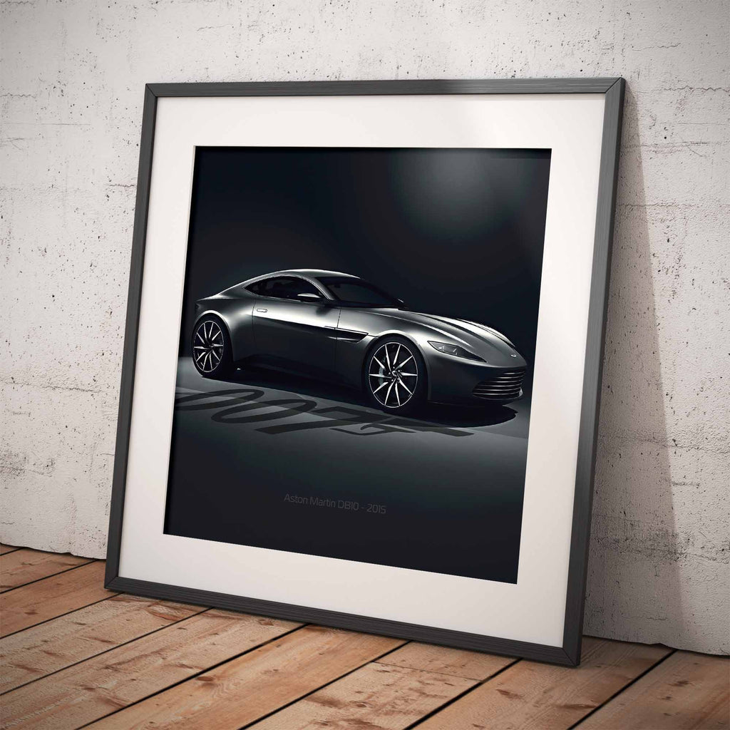 Framed poster of James Bonds Aston Martin DB10 car on a textured wall.