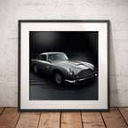 Framed artwork of an Aston Martin DB5 car on a dark background with '007' branding, displayed against a textured wall.