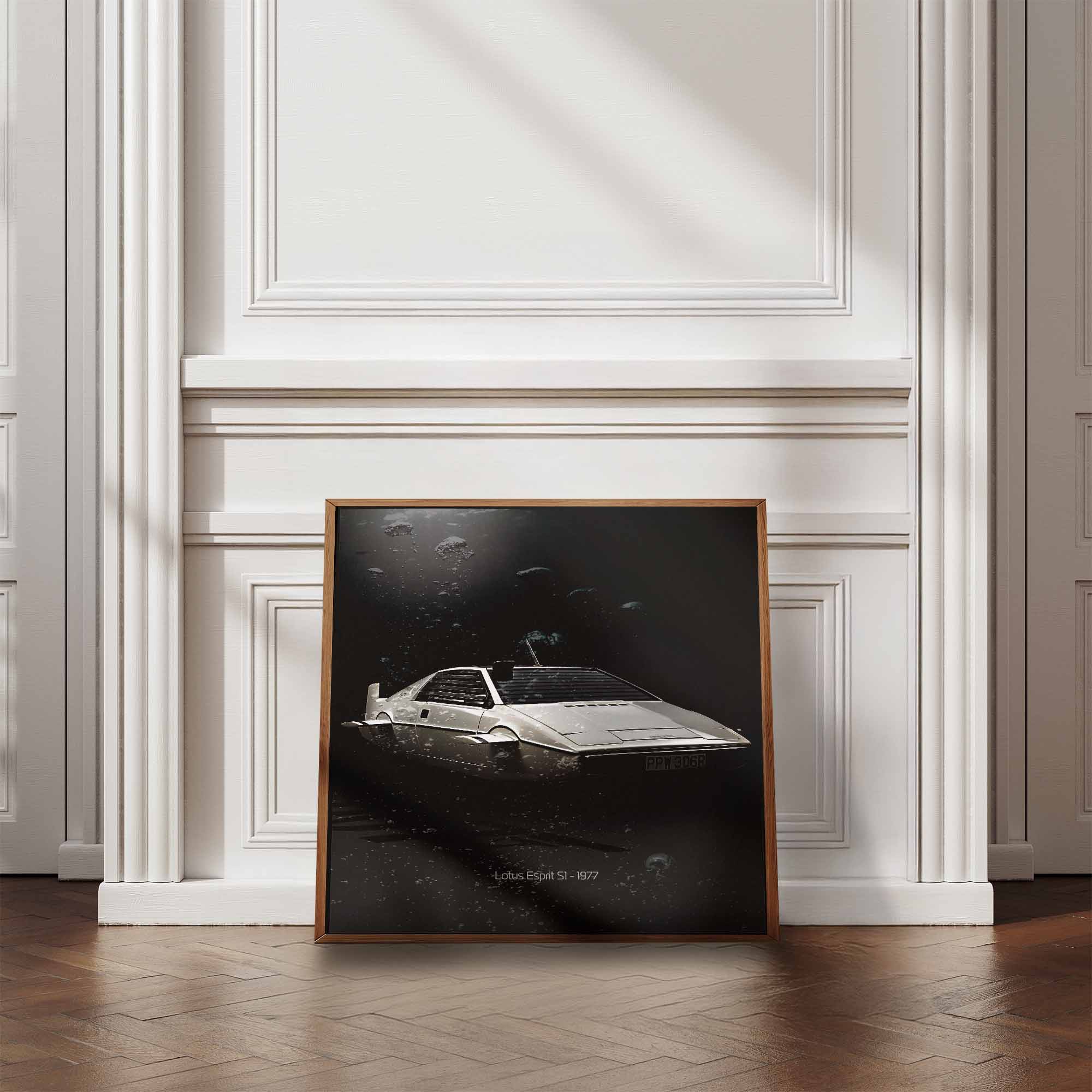 Framede artwork of James Bonds Lotus Esprit S1 car on a wall with wooden floor and white walls.