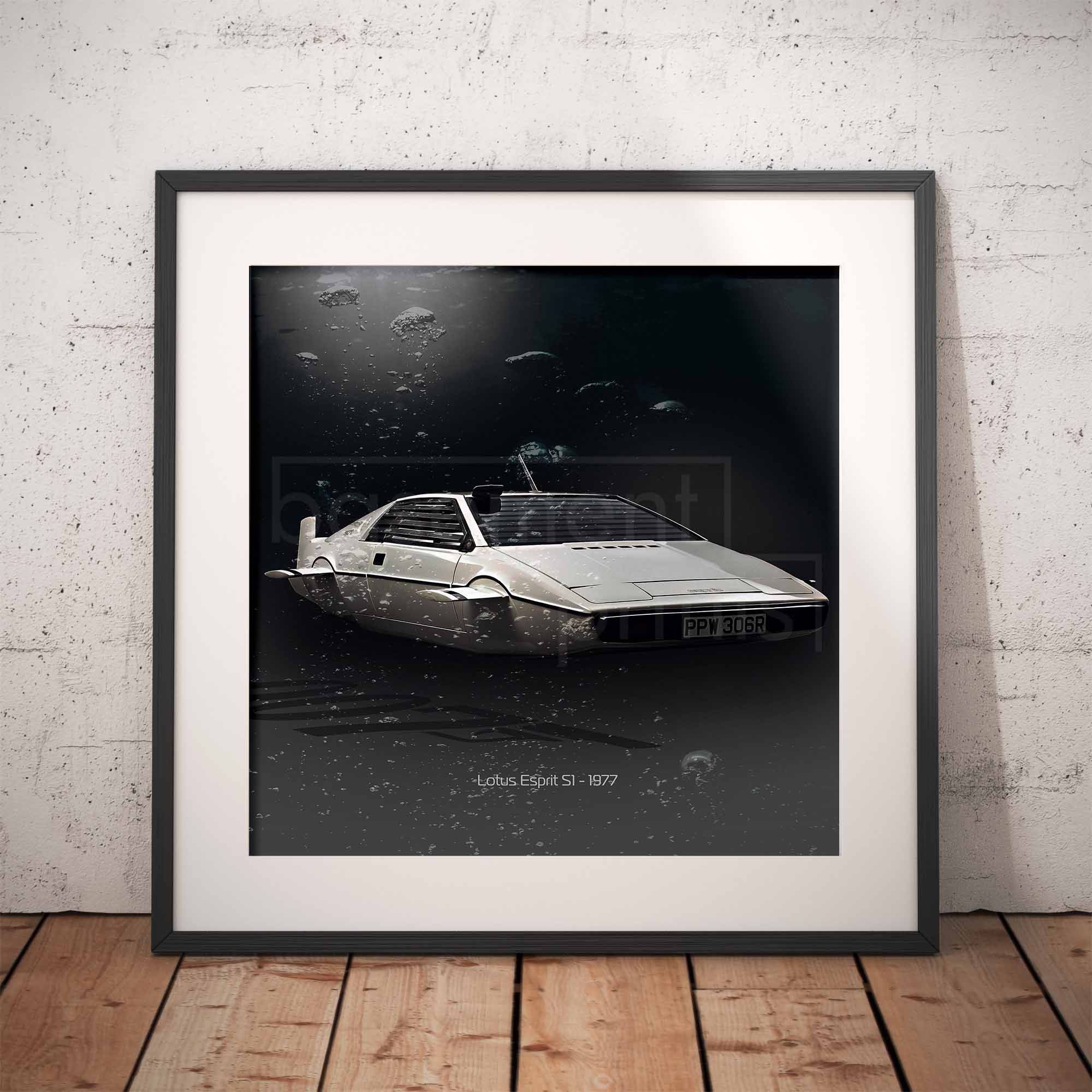 Framed artwork of James Bonds Lotus Esprit S1 car underwater scene on a textured wall.