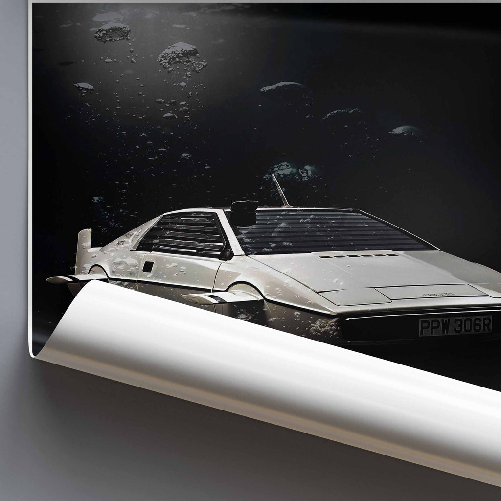 Rolled print of artwork of James Bonds Lotus Esprit S1 car on a dark background
