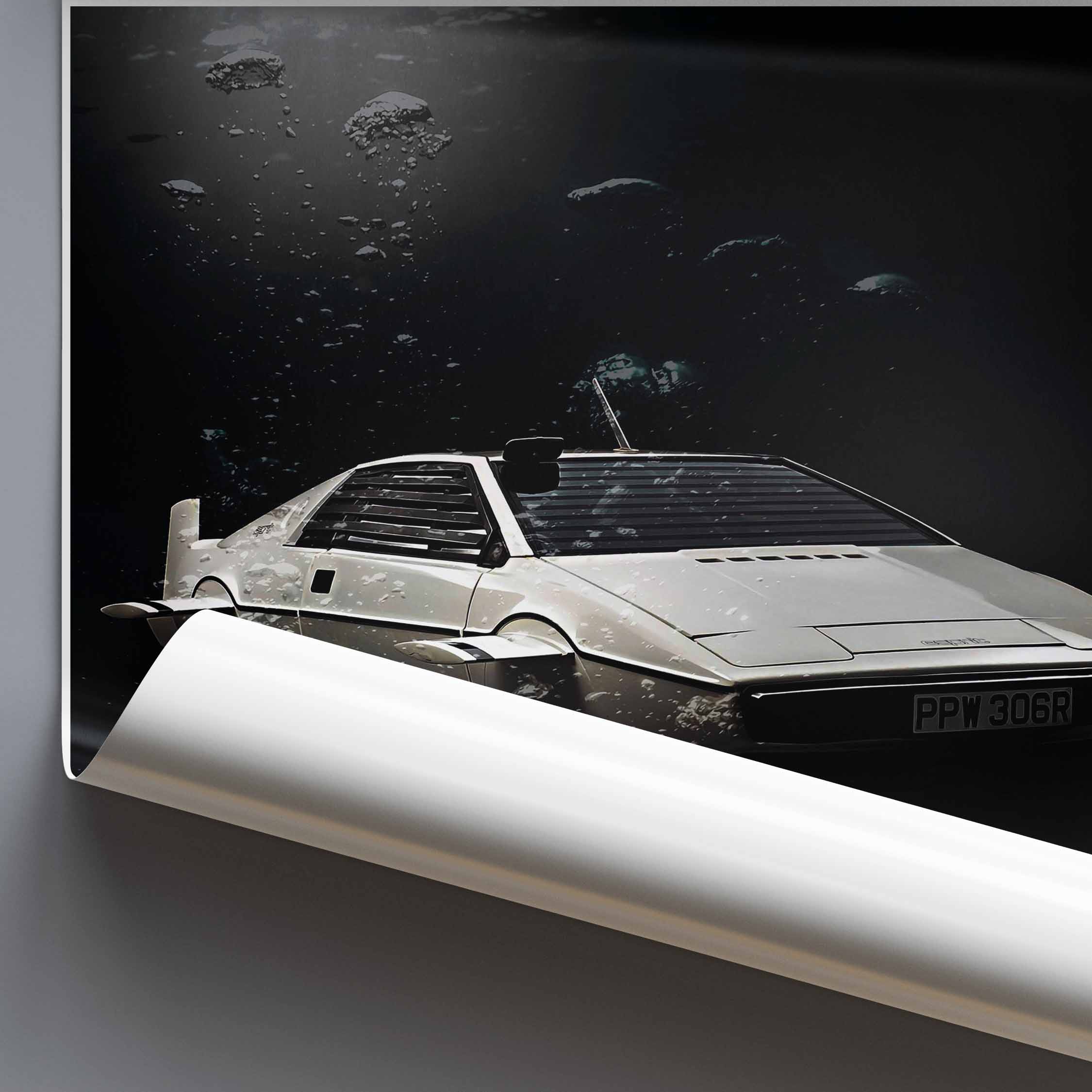 Rolled print of artwork of James Bonds Lotus Esprit S1 car on a dark background