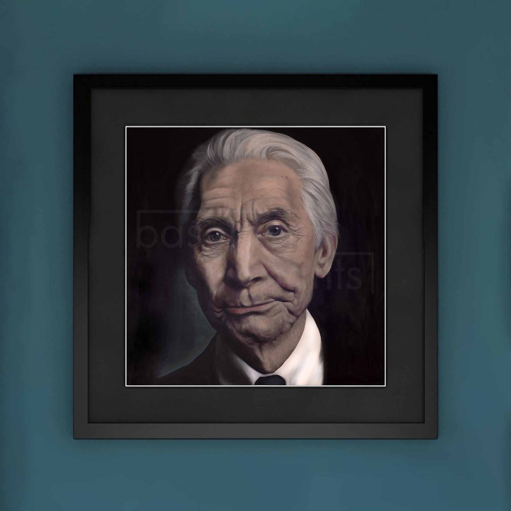 Framed portrait of Charlie Watts on a blue wall