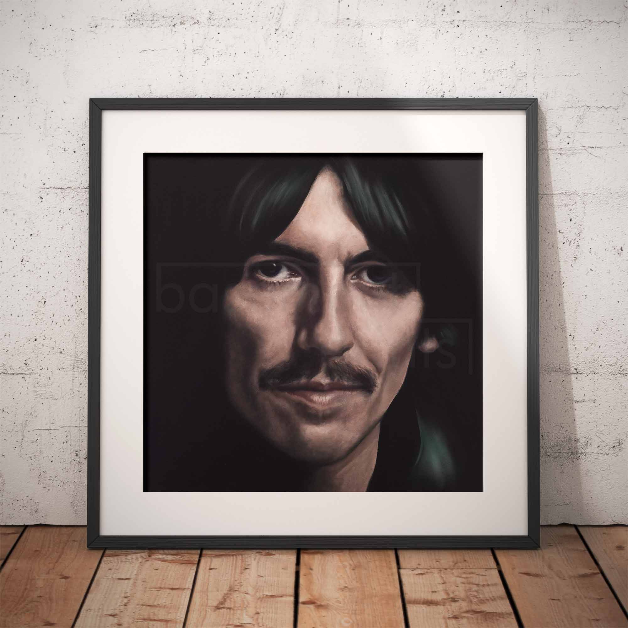 Framed portrait of George Harrison with on a textured wall.