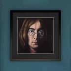 Framed portrait of John Lennon on a blue wall