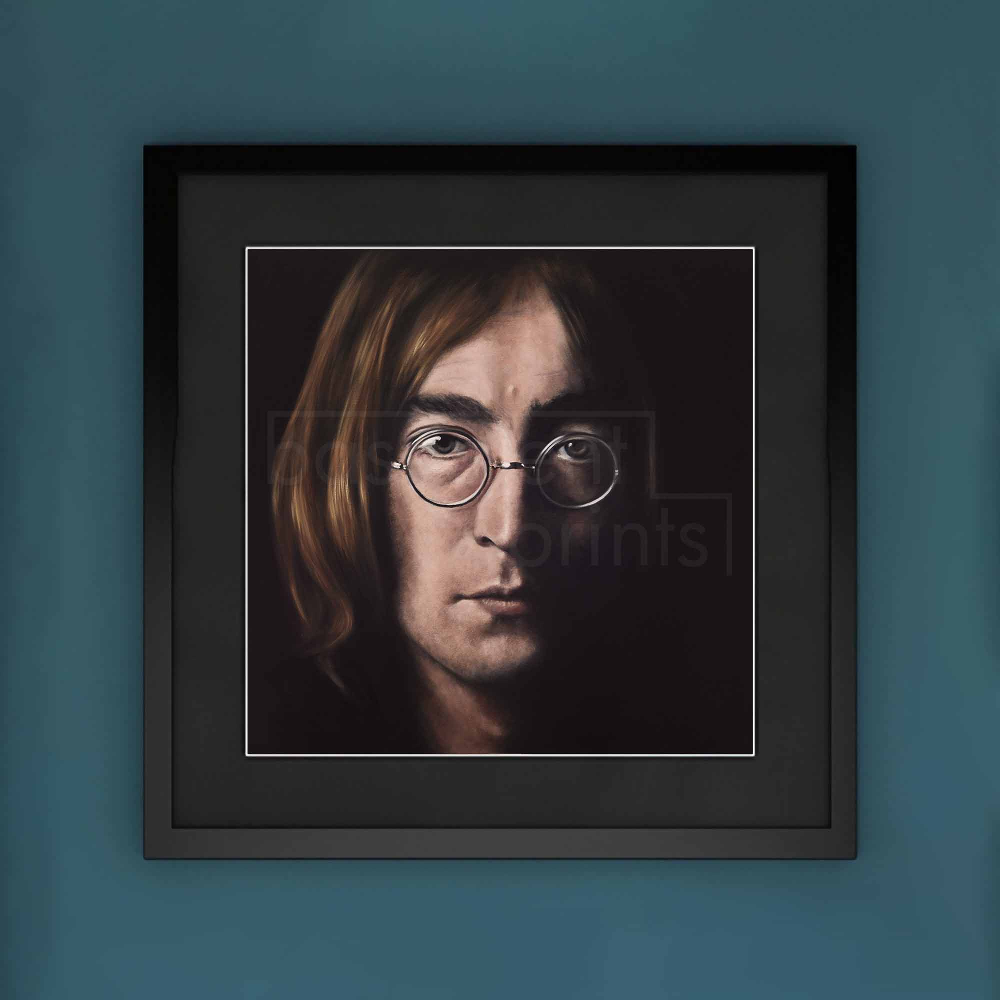 Framed portrait of John Lennon on a blue wall