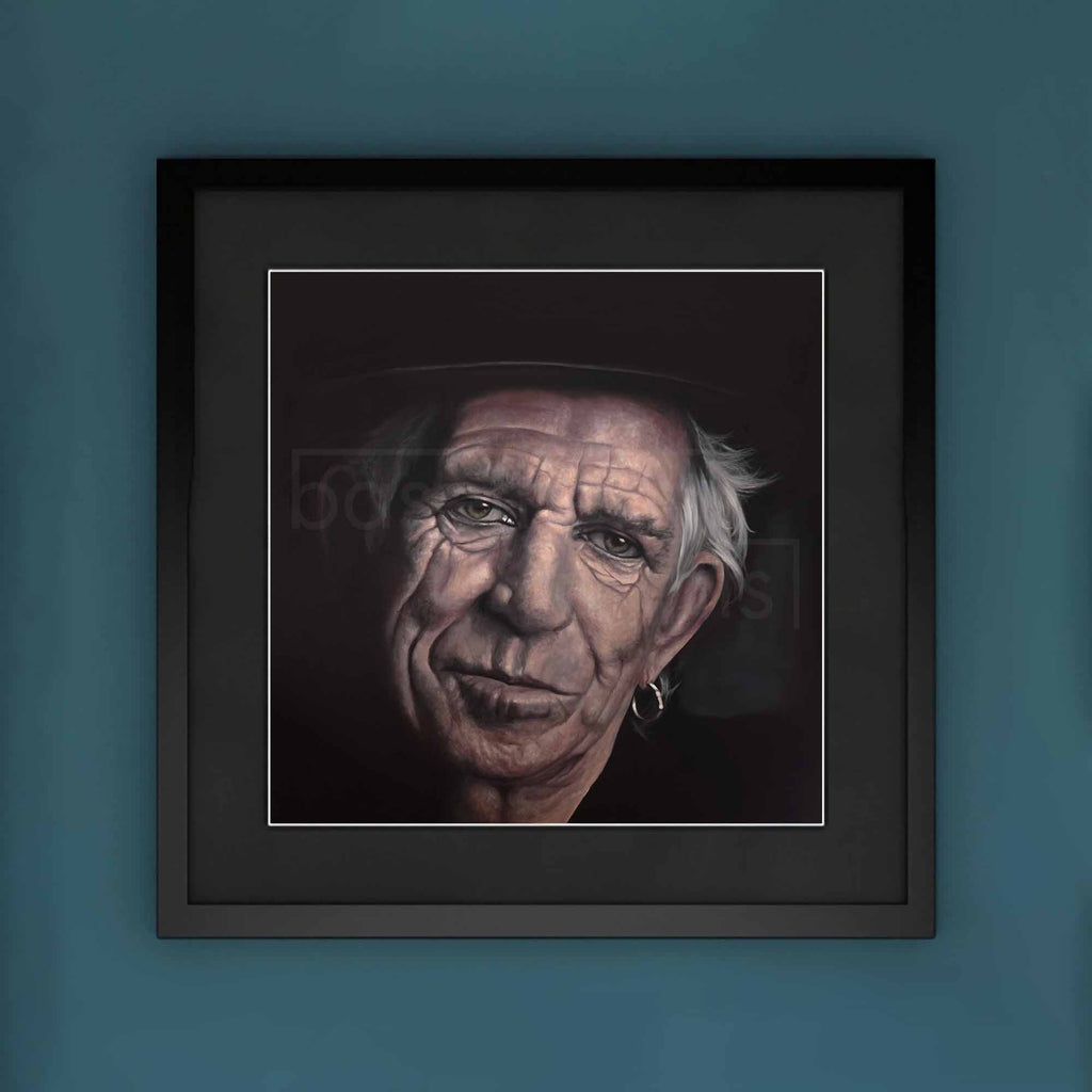 Framed portrait of Keith Richards on a blue wall