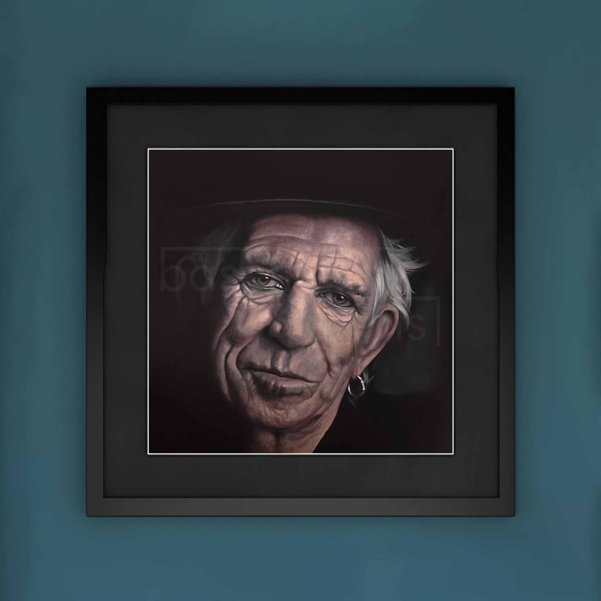 Framed portrait of Keith Richards on a blue wall