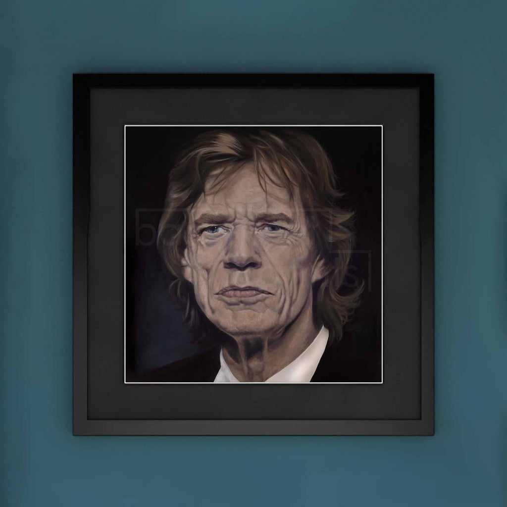 Framed portrait of Mick Jagger on a blue wall