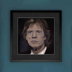 Framed portrait of Mick Jagger on a blue wall