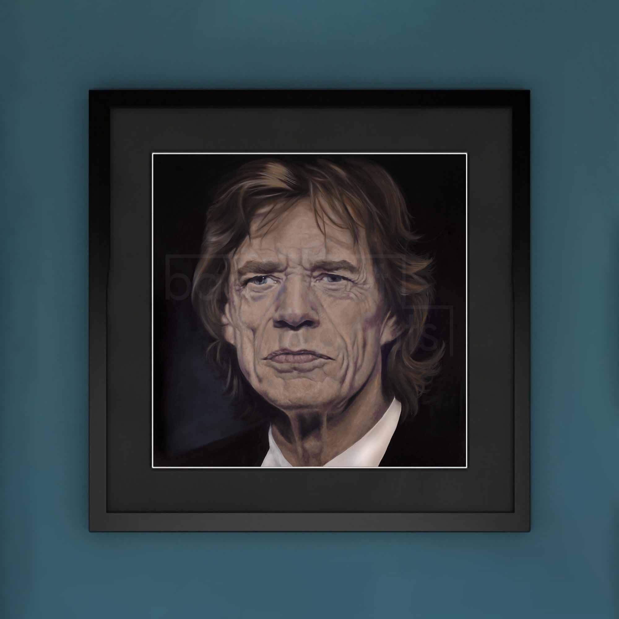 Framed portrait of Mick Jagger on a blue wall