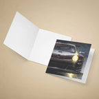 Greeting card with a Porsche 911 Supercup car design on a beige background.