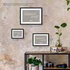 Framed landscape prints labelled A3, A4, and A5 on a wall with a shelf below.