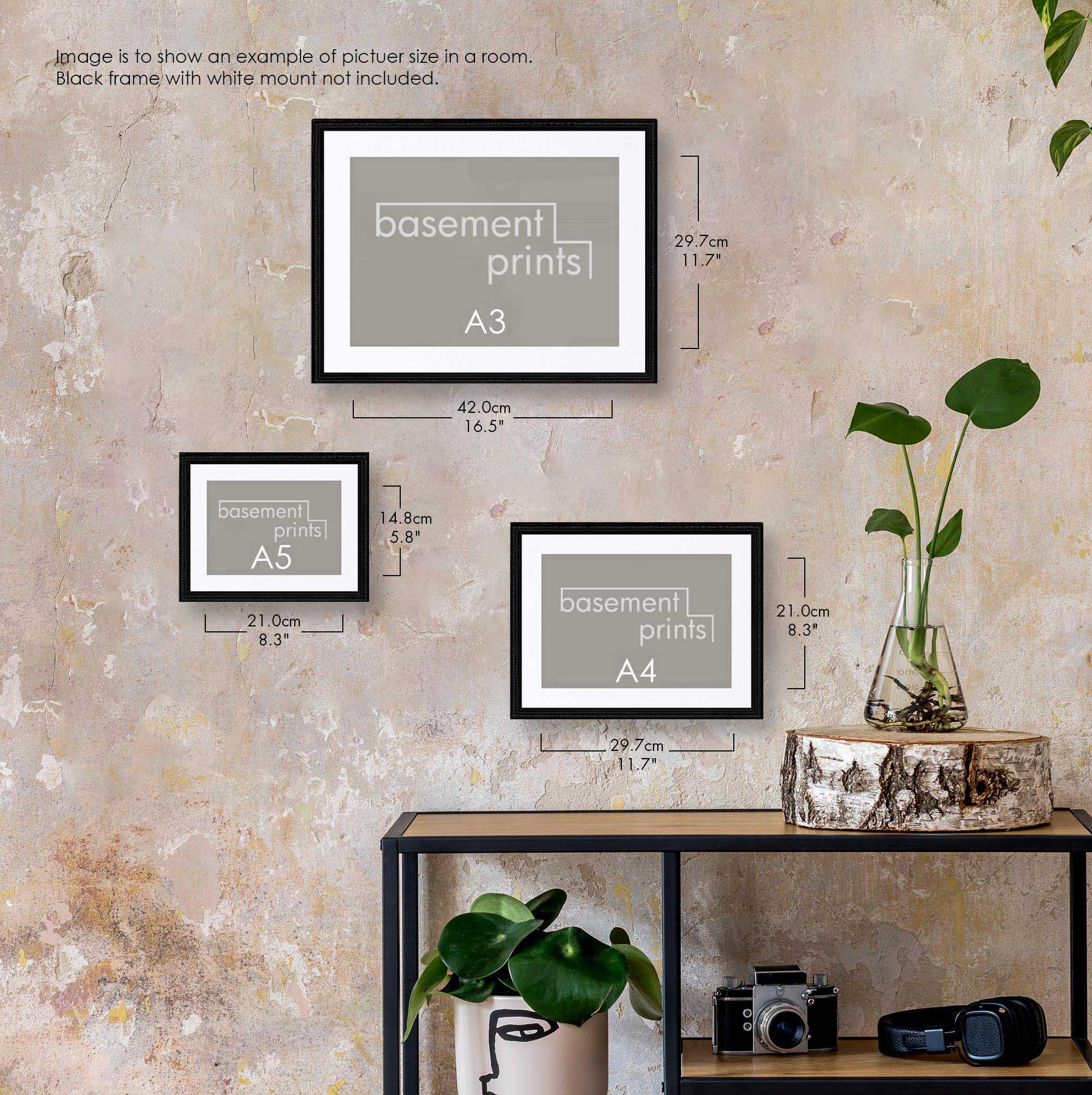 Framed landscape prints labelled A3, A4, and A5 on a wall with a shelf below.