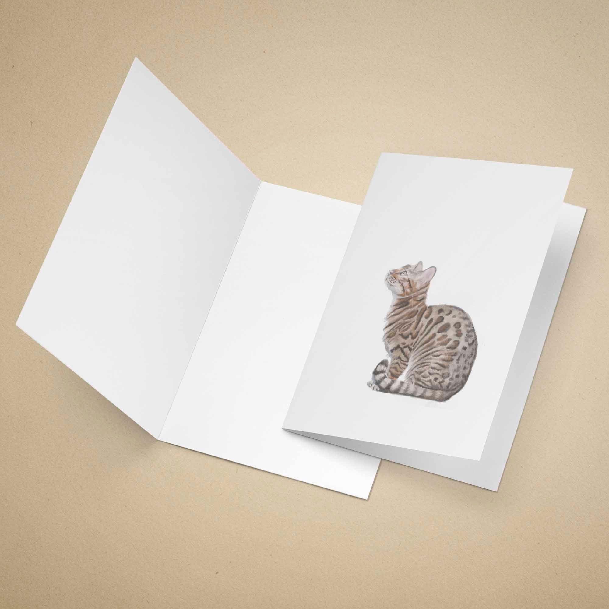 Greeting card with a Bengal cat illustration on a beige background