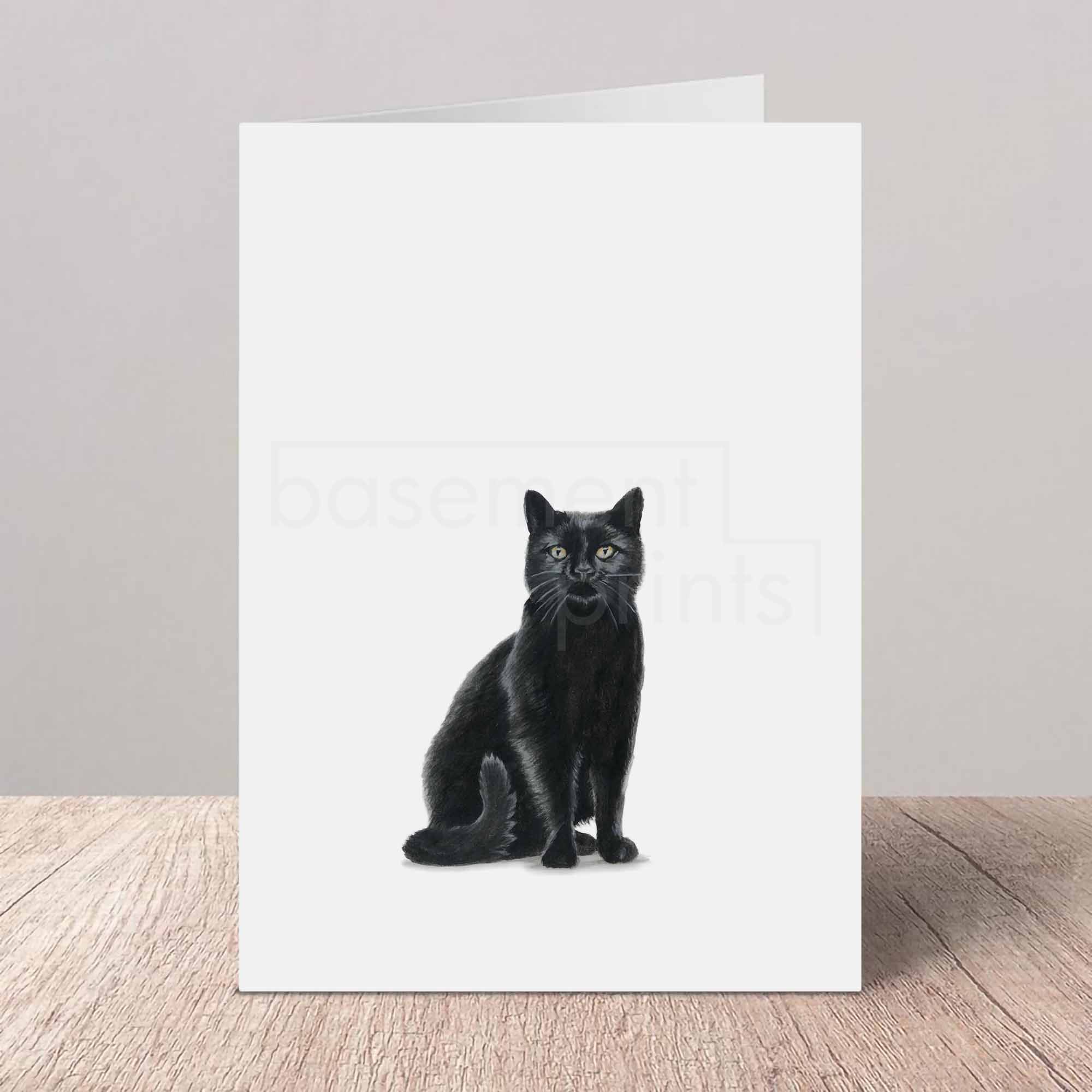 Greeting card with a black cat illustration on a white background