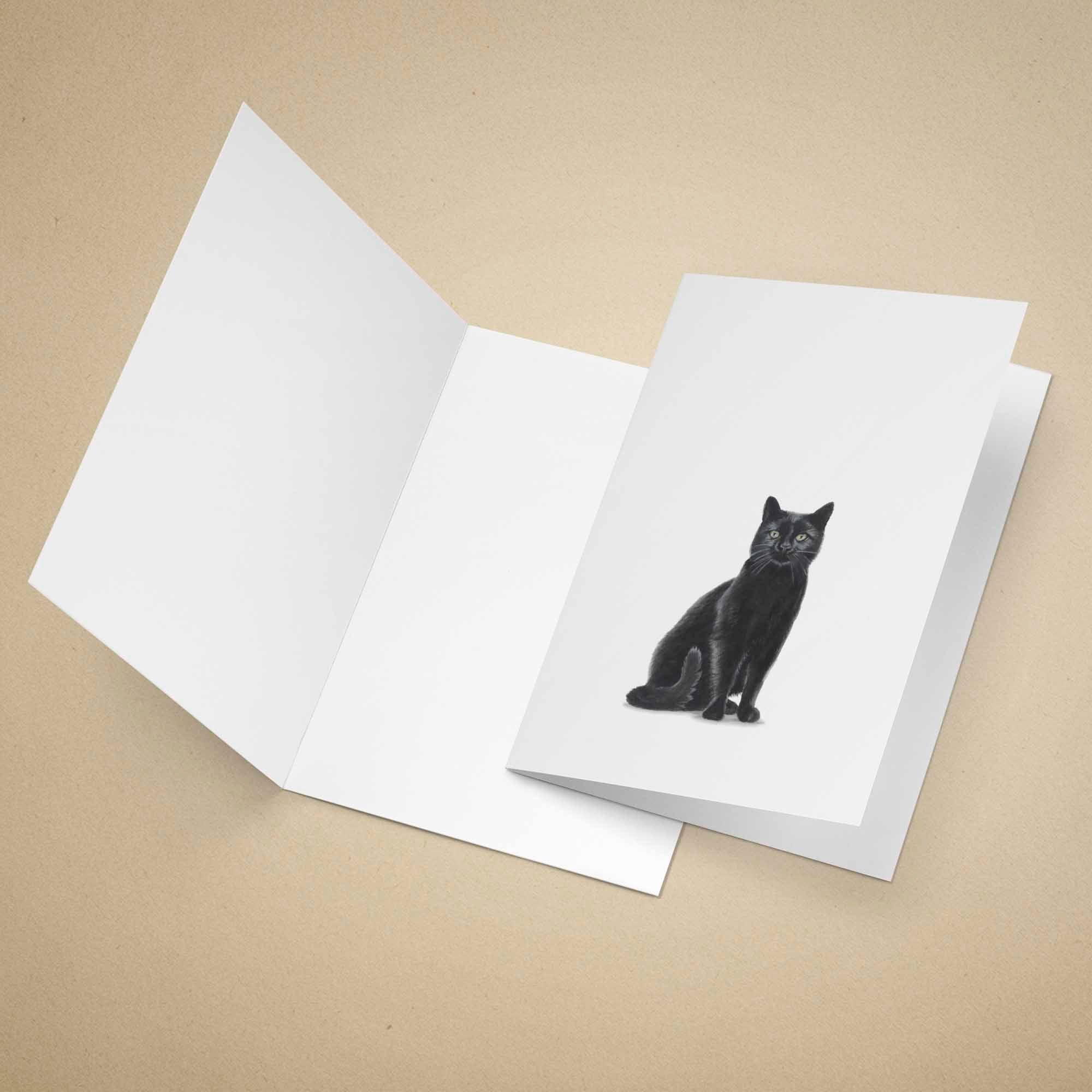 Greeting card with a black cat illustration on a beige background