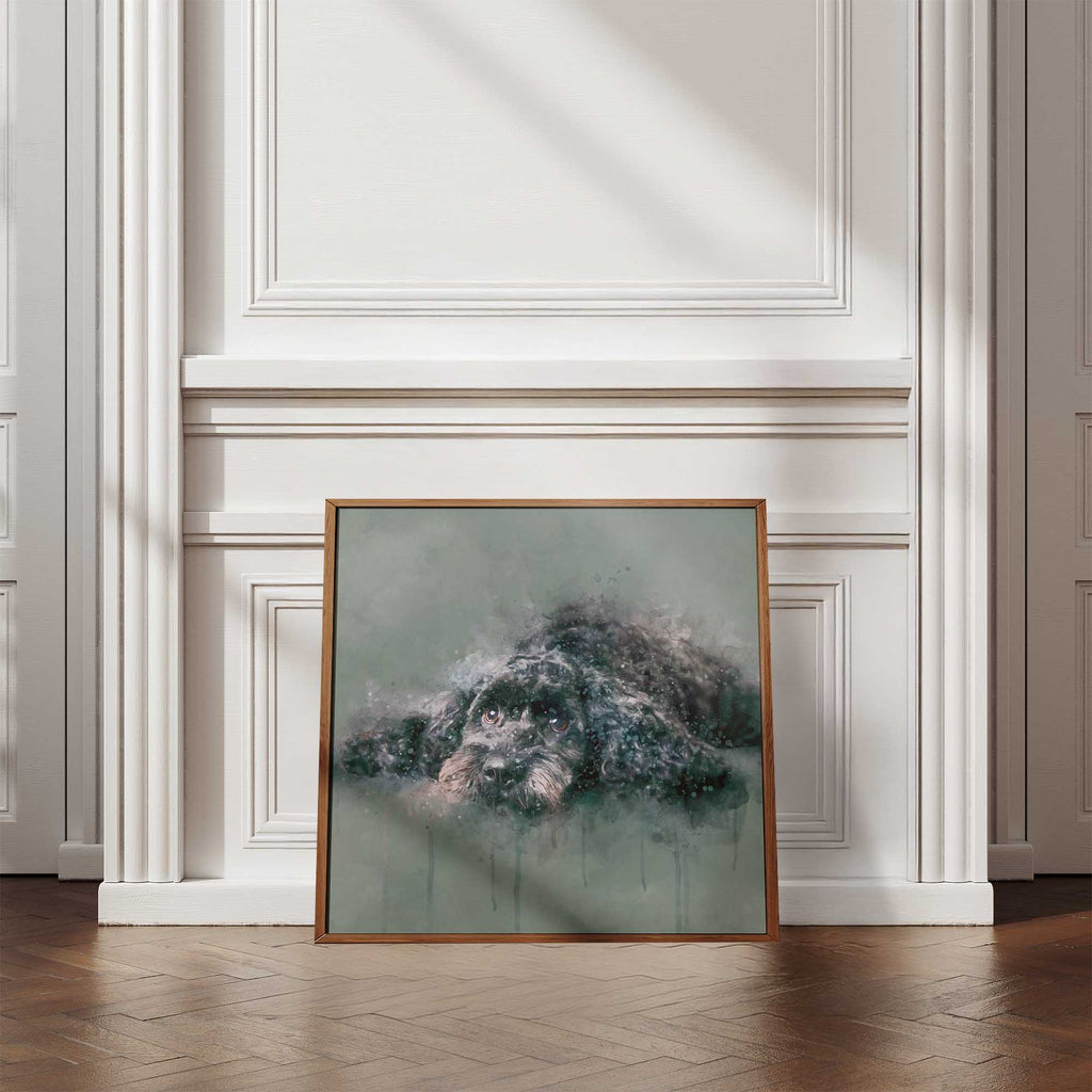 Framed artwork of a cockapoo dog in watercolour on a wooden floor with a decorative moulding wall background  
