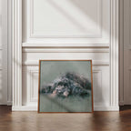 Framed artwork of a cockapoo dog in watercolour on a wooden floor with a decorative moulding wall background  