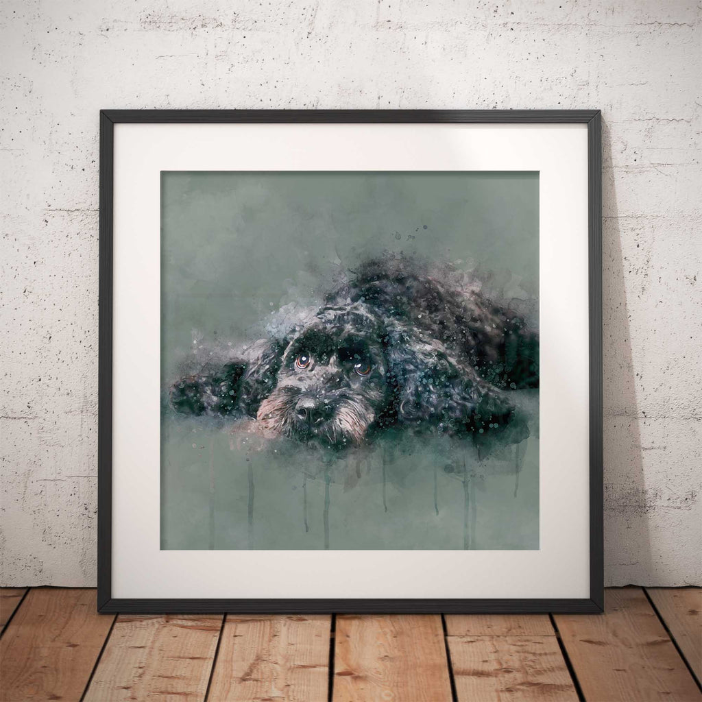 Framed artwork of a cockapoo digitally painted with watercolour on a textured wall.