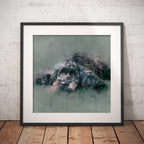 Framed artwork of a cockapoo digitally painted with watercolour on a textured wall.