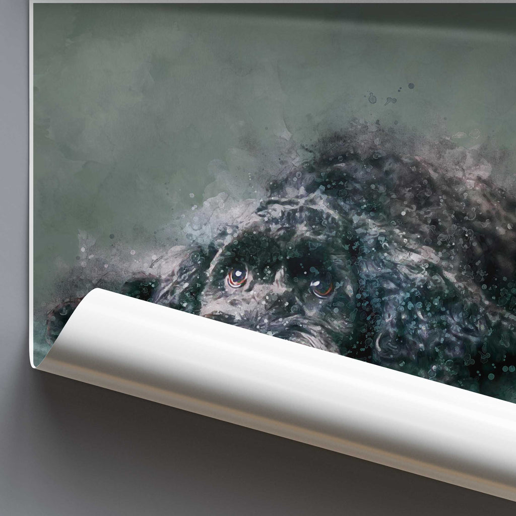 Rolled poster artwork of a cockapoo dog in watercolour