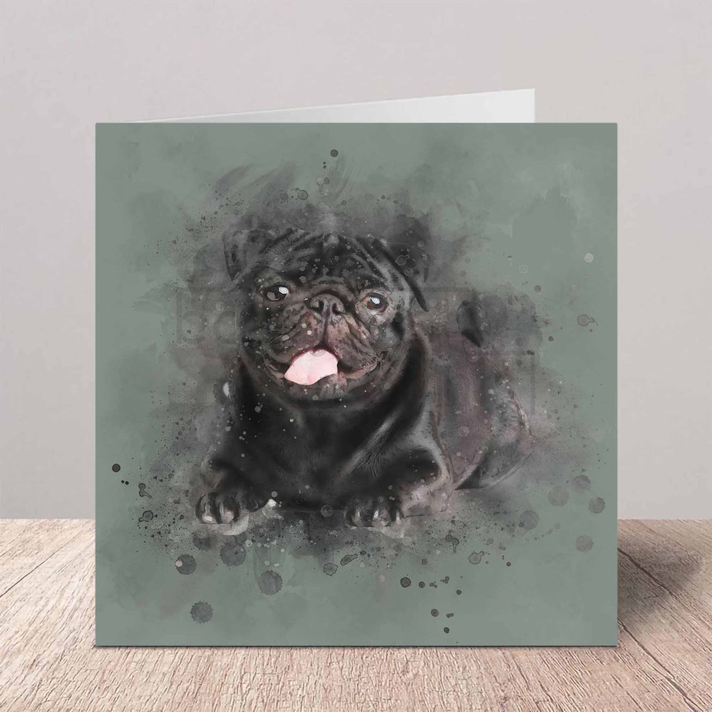 Greeting card with a black pug illustration on a green background